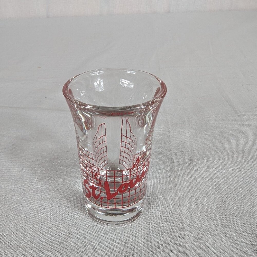 St. Louis Vintage Shot Glass Libbey Glass Red Plaid Souvenir Basement Bar 3"